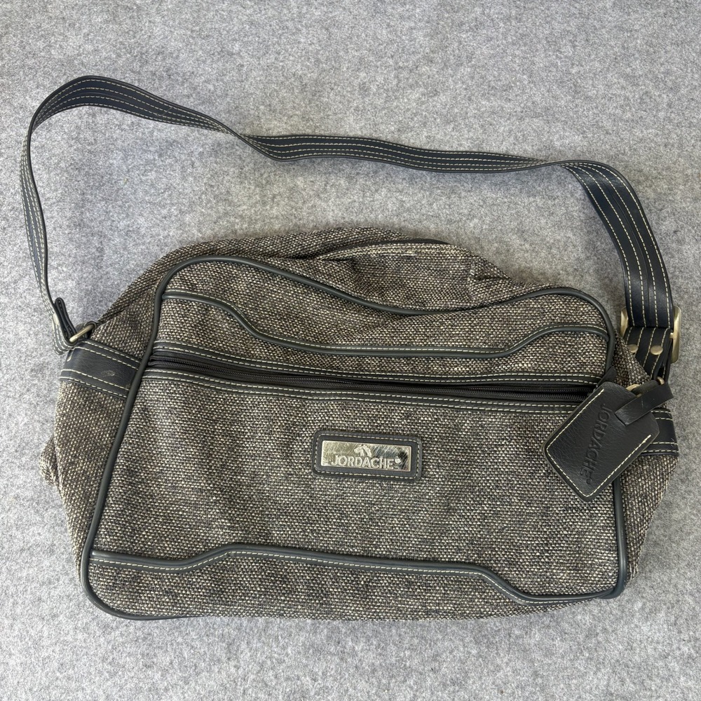 Jordache Vintage Messenger Bag Medium Gray‎ Tweed Faux Leather Trim Crossbody